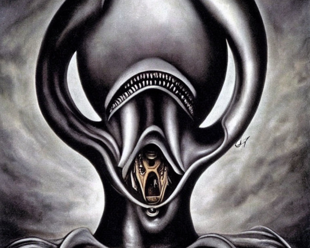 Surrealistic painting: Dark humanoid figure with elongated alien head, smaller human figure inside mouth