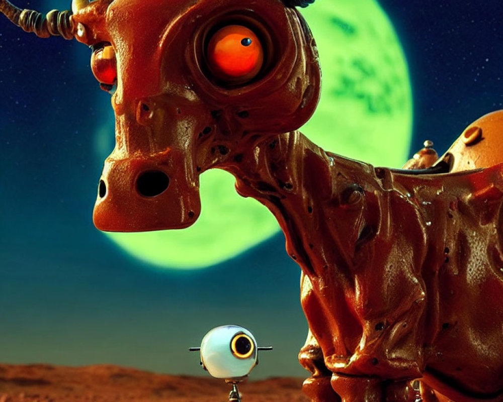Surreal robotic cow creature with one eye and horns on rocky terrain with green moon