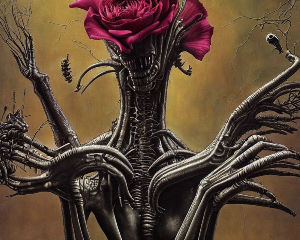 Surreal biomechanical figure with elongated limbs and rose head against murky backdrop