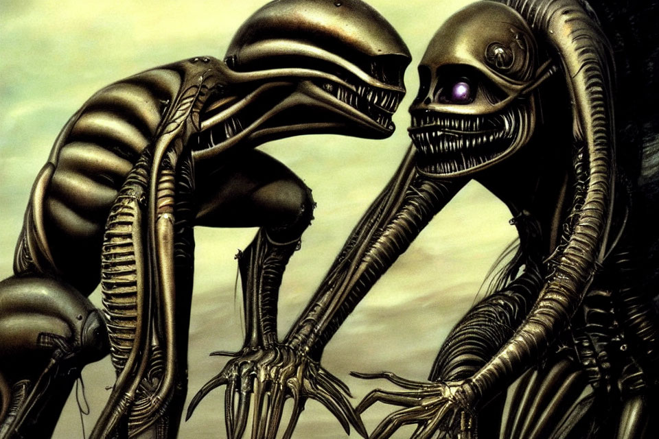 Biomechanical extraterrestrial creatures in close encounter on moody backdrop