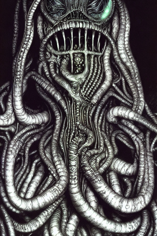 Monochrome drawing of grotesque creature with tentacles and multiple mouths