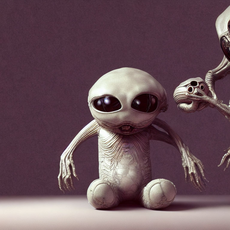 Chubby Alien with Black Eyes Beside Skeleton Alien on Purple Background
