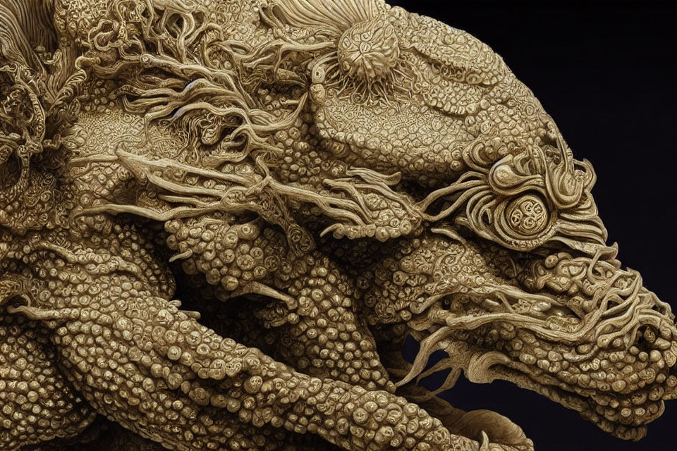 Intricate Ivory Dragon Carving on Black Background