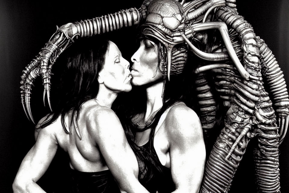 Two women in alien-like costumes kissing with exaggerated headgear on monochrome background