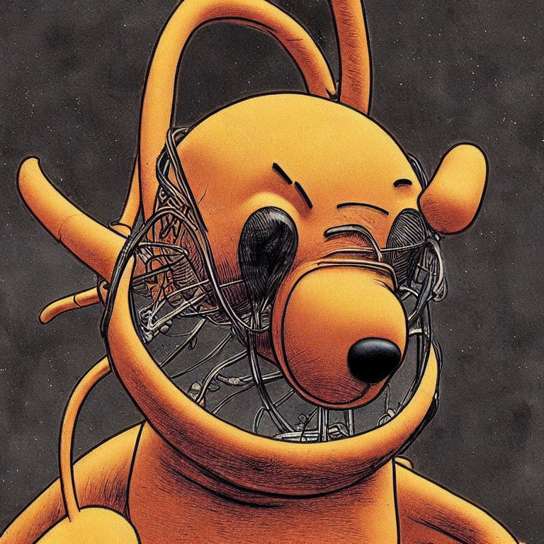 Cartoonish orange cyborg dog illustration on dark background