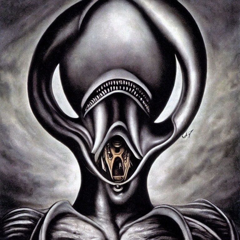 Surrealistic painting: Dark humanoid figure with elongated alien head, smaller human figure inside mouth