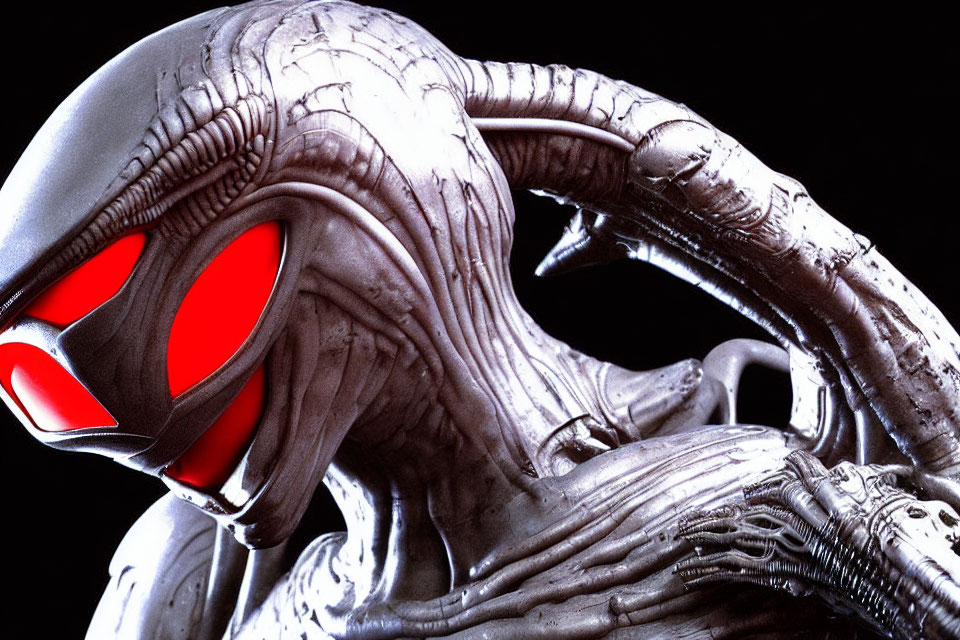 Detailed Close-Up of Alien with Biomechanical Design and Red Eyes