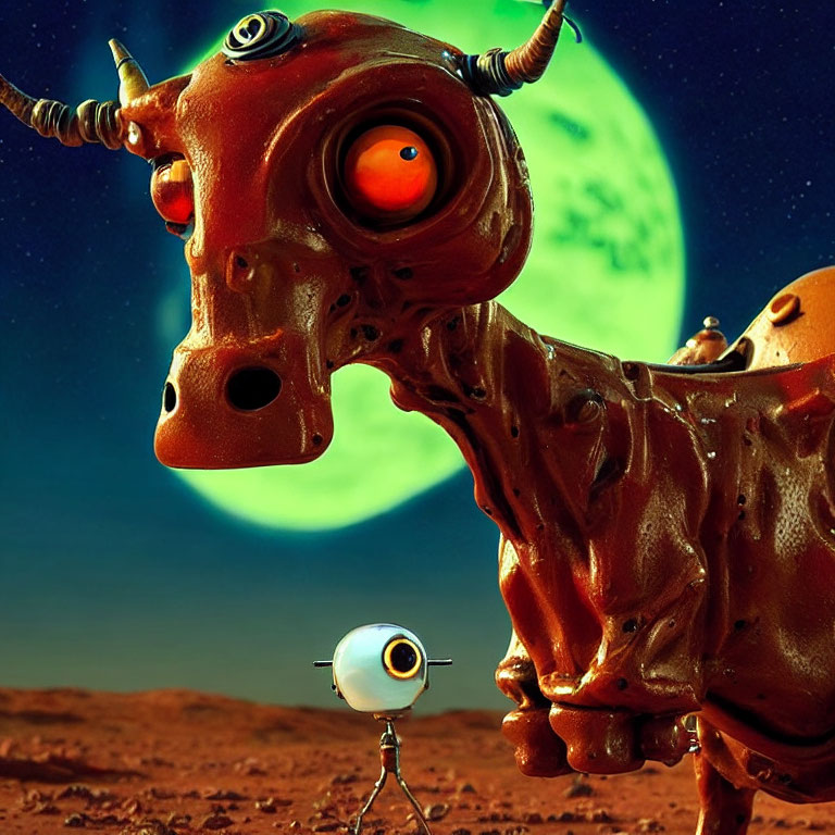 Surreal robotic cow creature with one eye and horns on rocky terrain with green moon