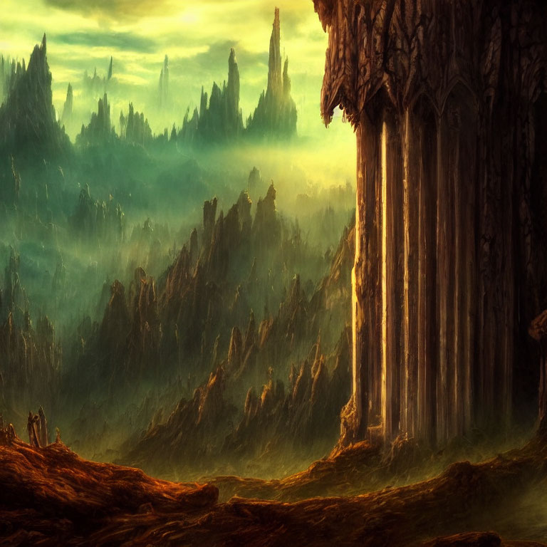 Mystical forest with towering trees and rocky terrain in warm sunlight