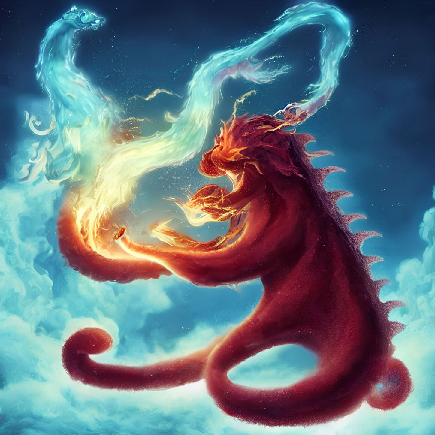 Fiery red dragon battles water dragon in elemental clash