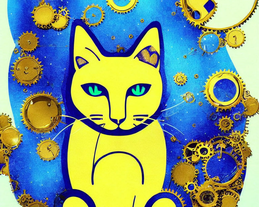 Stylized yellow cat with green eyes on blue background with golden cogwheels