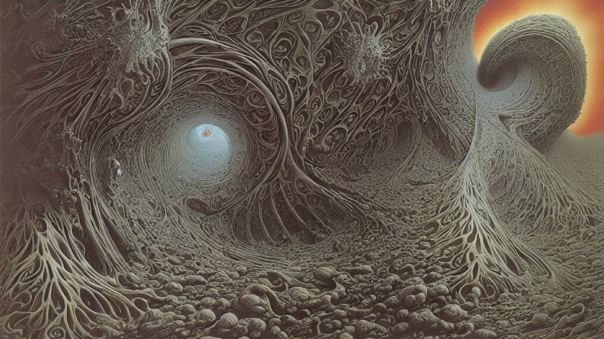 Intricate surrealistic artwork: swirling vortex, eye-like structures, textured patterns.