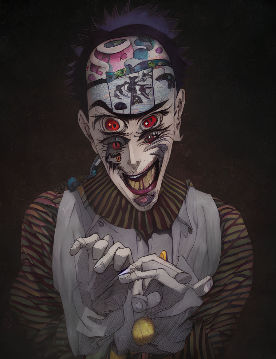 Creepy clown illustration with sharp teeth, red eyes, and symbolic head, in striped outfit.
