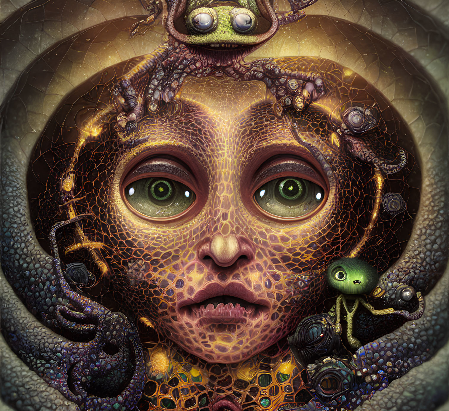 Surreal portrait of creature with green eyes, web-like skin, tentacles, and reptilian