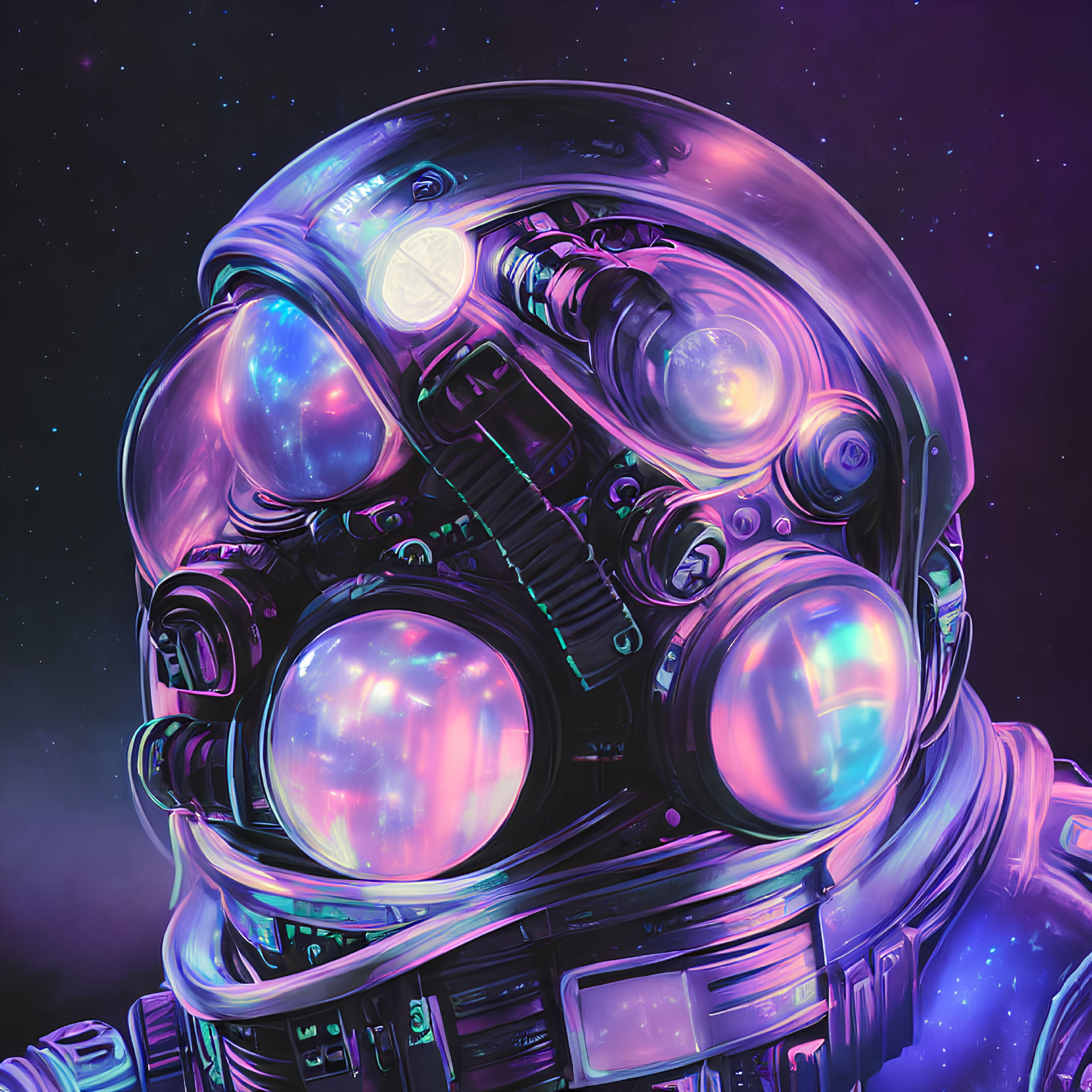 Astronaut in reflective helmet against starry cosmos