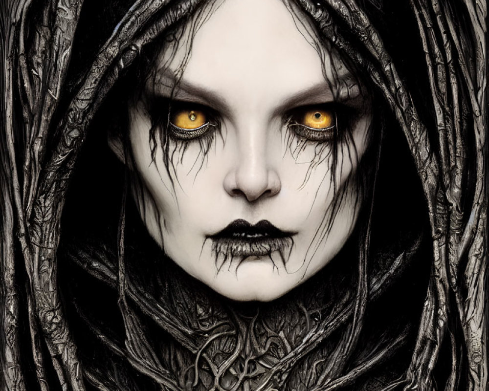 Person with intricate gothic makeup and yellow eyes in ornate black hood