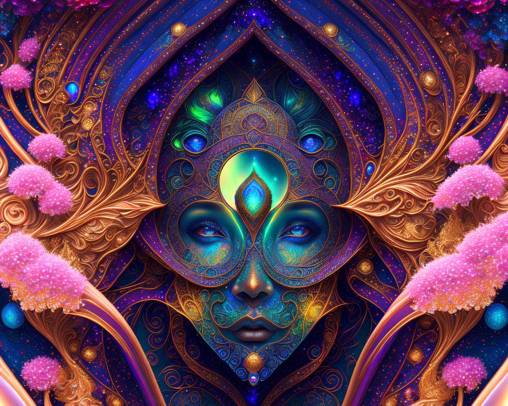 Colorful Symmetric Digital Artwork with Human-like Face and Peacock Feather Patterns