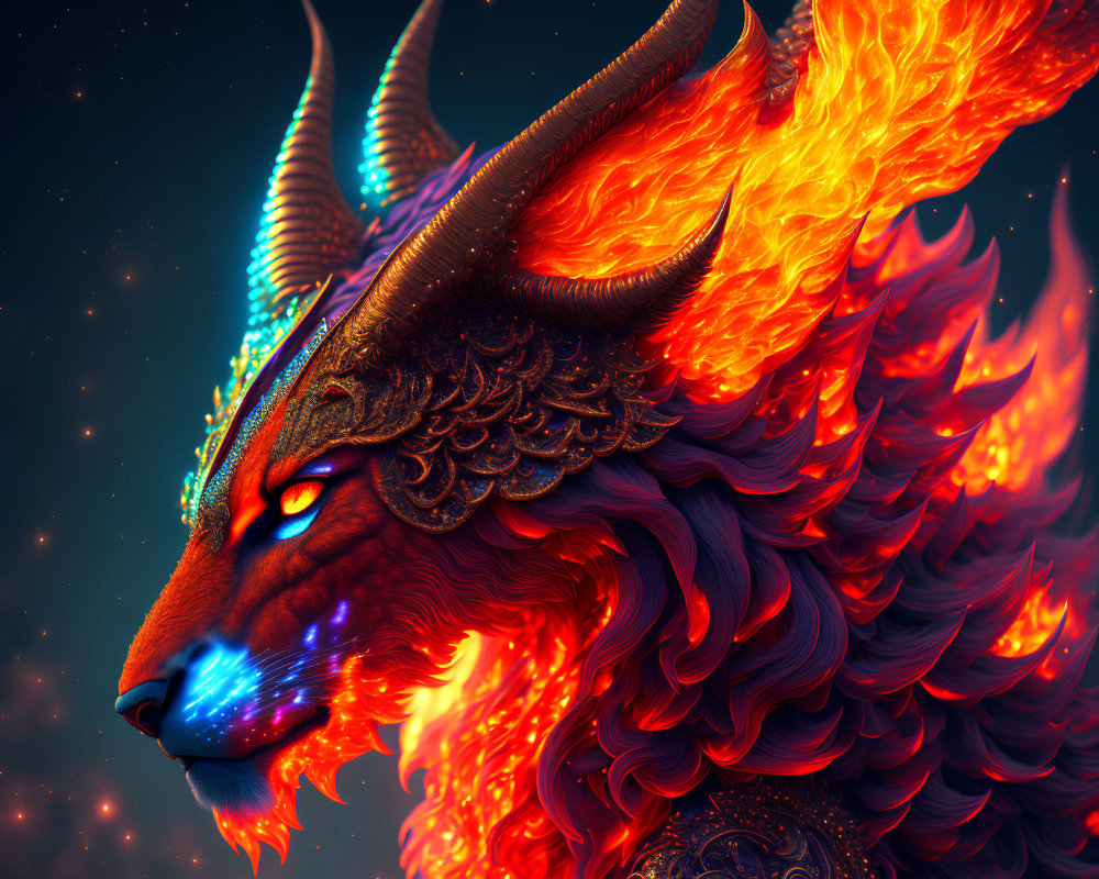 Fiery Beast with Horns and Flame Mane on Starry Background