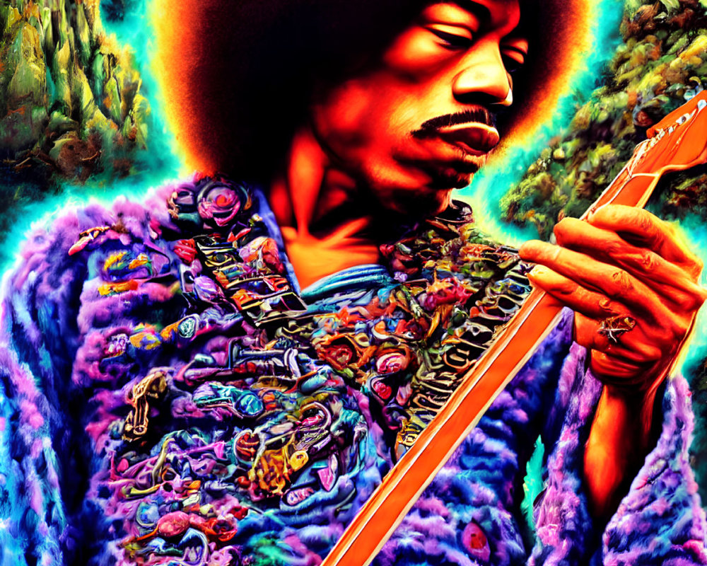 Colorful Illustration of Man with Afro Playing Guitar