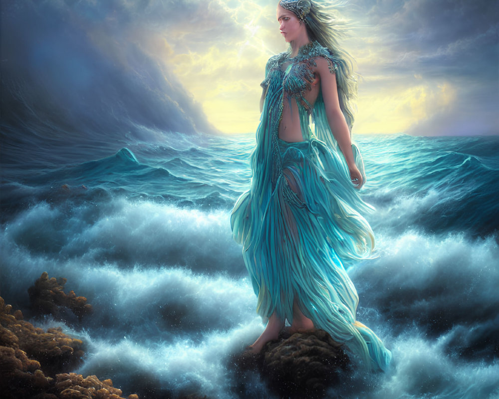 Mystical woman in teal dress under stormy sky with lightning