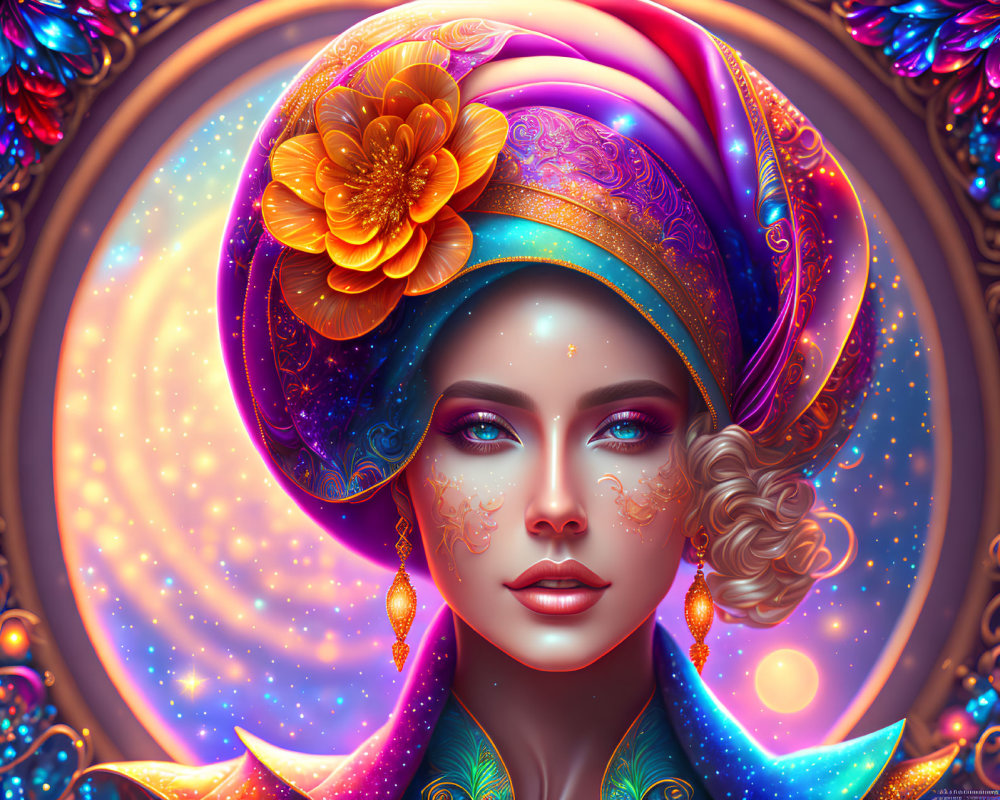 Cosmic-themed woman portrait with ornate headdress and starry background