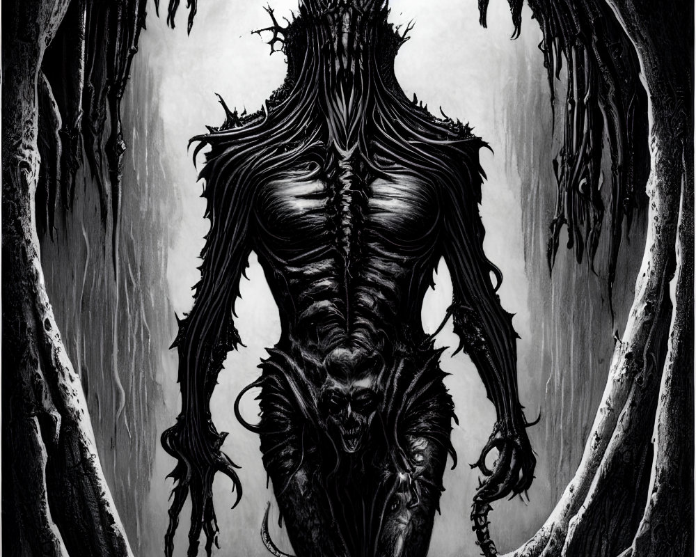 Monochrome fantasy art: Towering sinister figure in dark forest