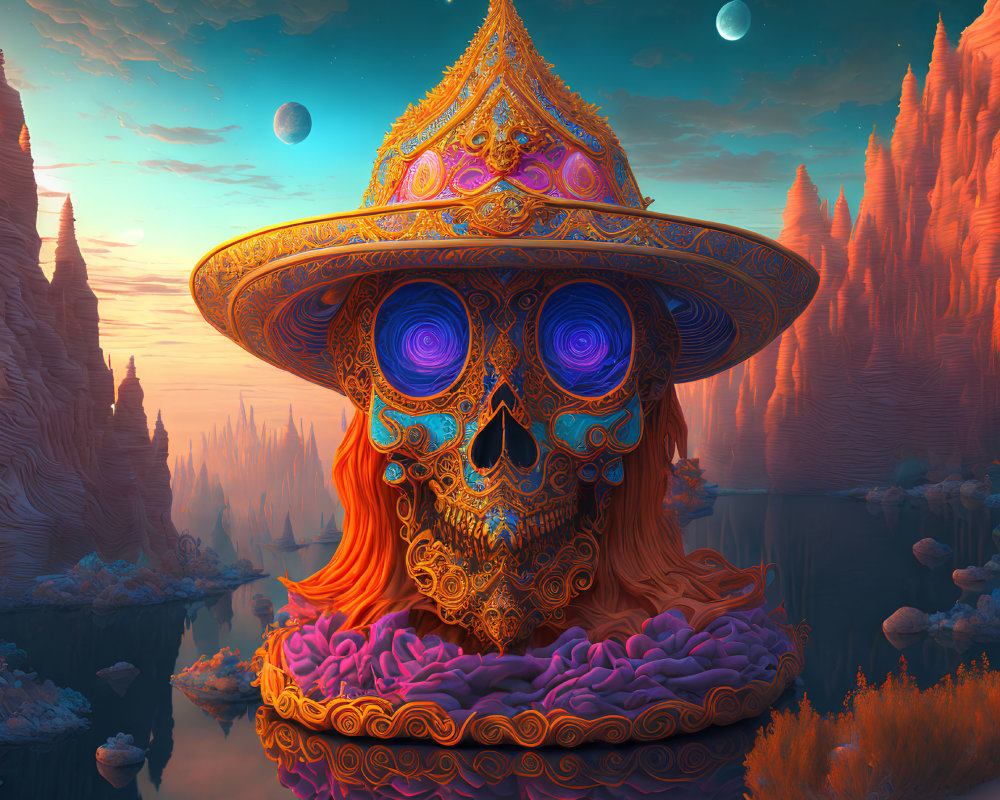Colorful digital artwork: Skull with blue eyes, golden hat, textured scarf on orange landscape with floating