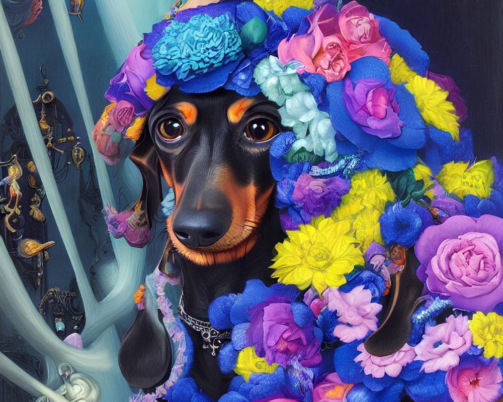 Whimsical black dachshund portrait with blue and purple flowers in surreal setting