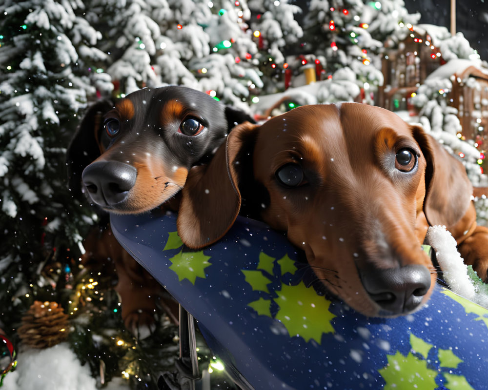 Two Dachshund Dogs on Sled with Christmas Tree and Snow Background