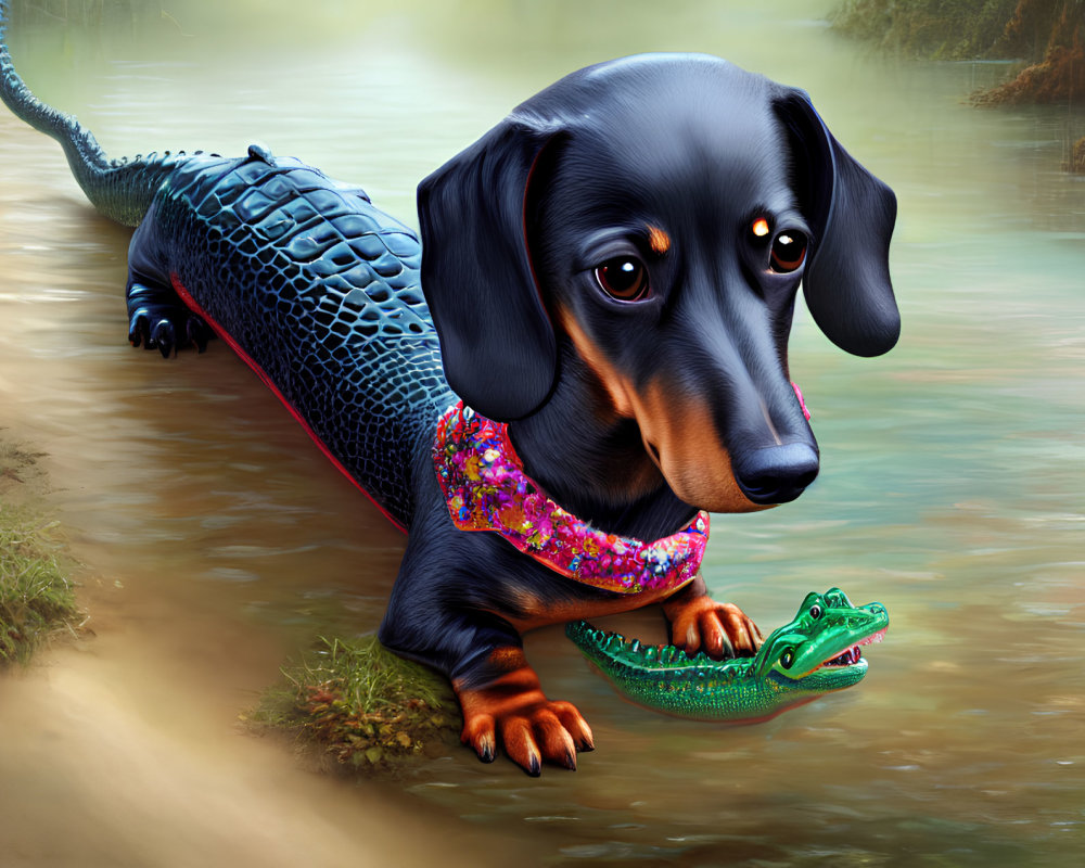 Digital Artwork: Dachshund with Alligator Features in Pink Scarf