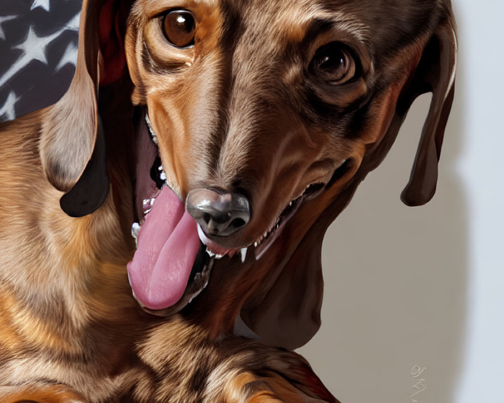 Brown Dachshund with Tongue Out in Front of American Flag on Light Background