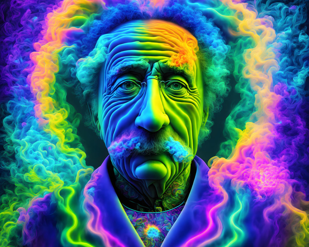 Colorful Psychedelic Portrait of Man with Einstein-Like Hair