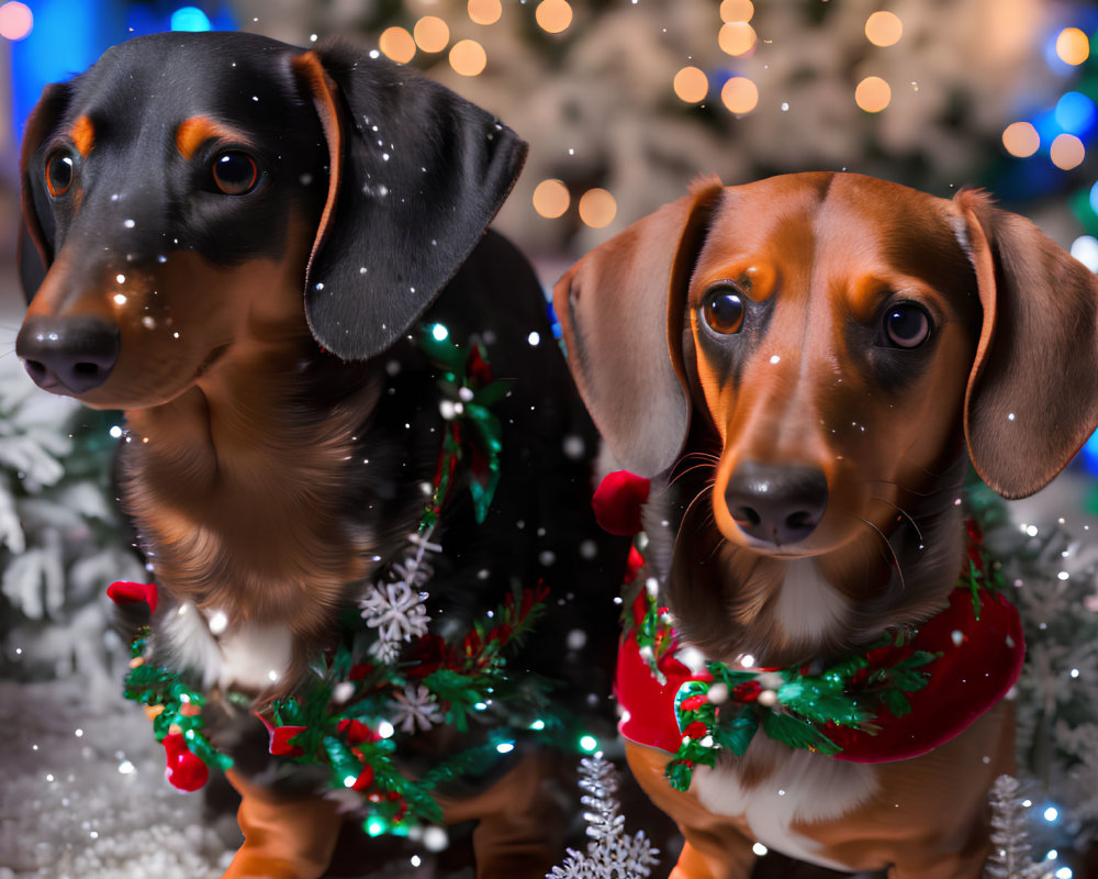Festive dachshunds with Christmas collars in snowy scene