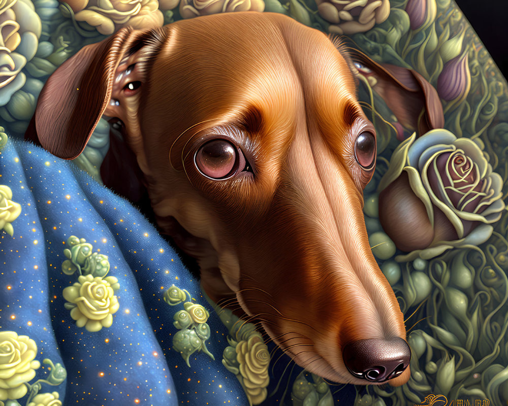 Detailed Illustration: Brown Dachshund Resting on Blue Blanket with Yellow Roses