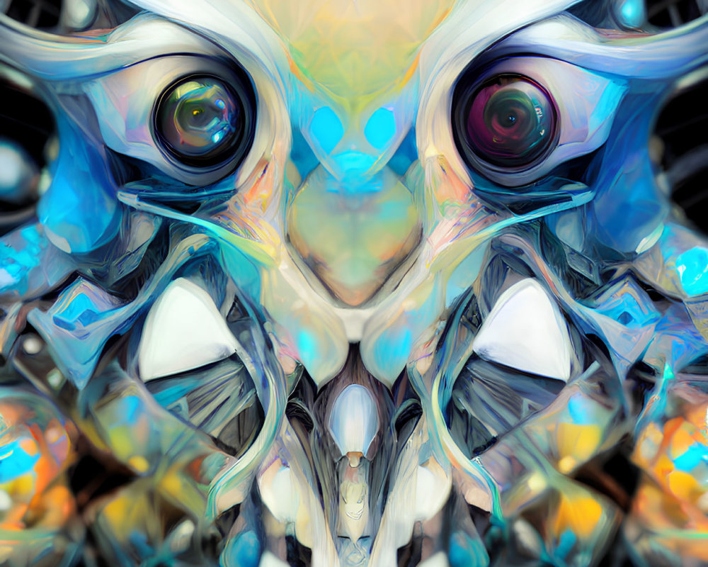 Symmetrical Abstract Digital Art: Vibrant Kaleidoscopic Owl Eyes