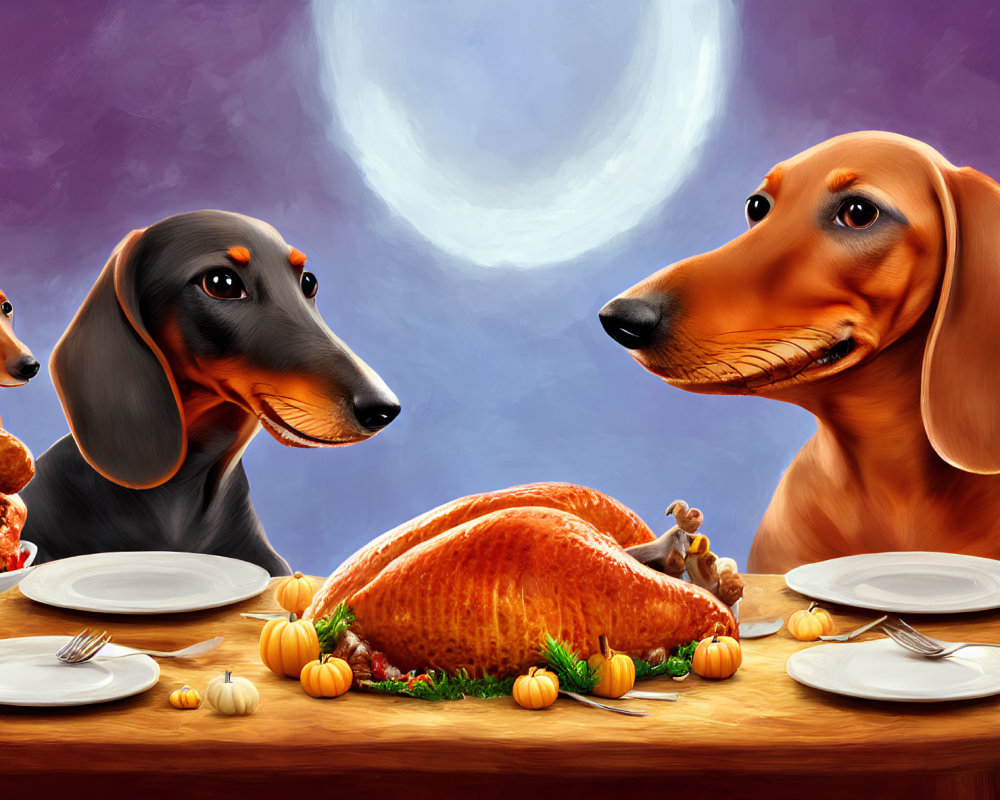 Three cartoon dachshunds at a table with turkey under full moon.