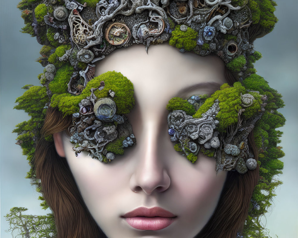 Surreal portrait of woman with moss crown and mechanical elements