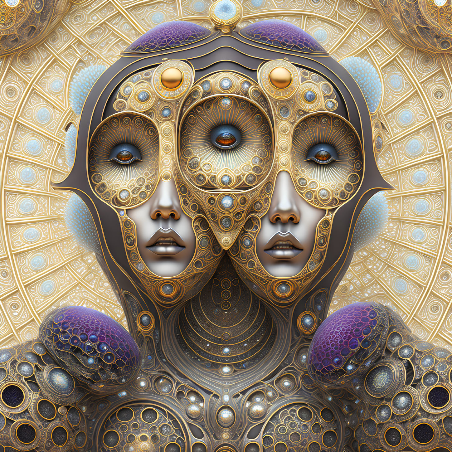 Symmetrical digital artwork with humanoid faces and golden patterns