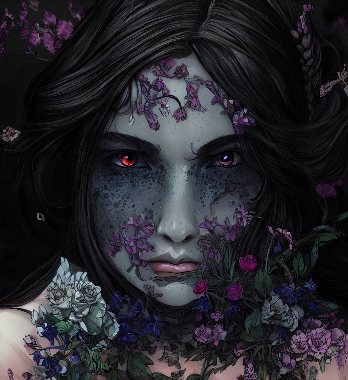 Dark-haired woman with red eyes and floral details in purple setting.