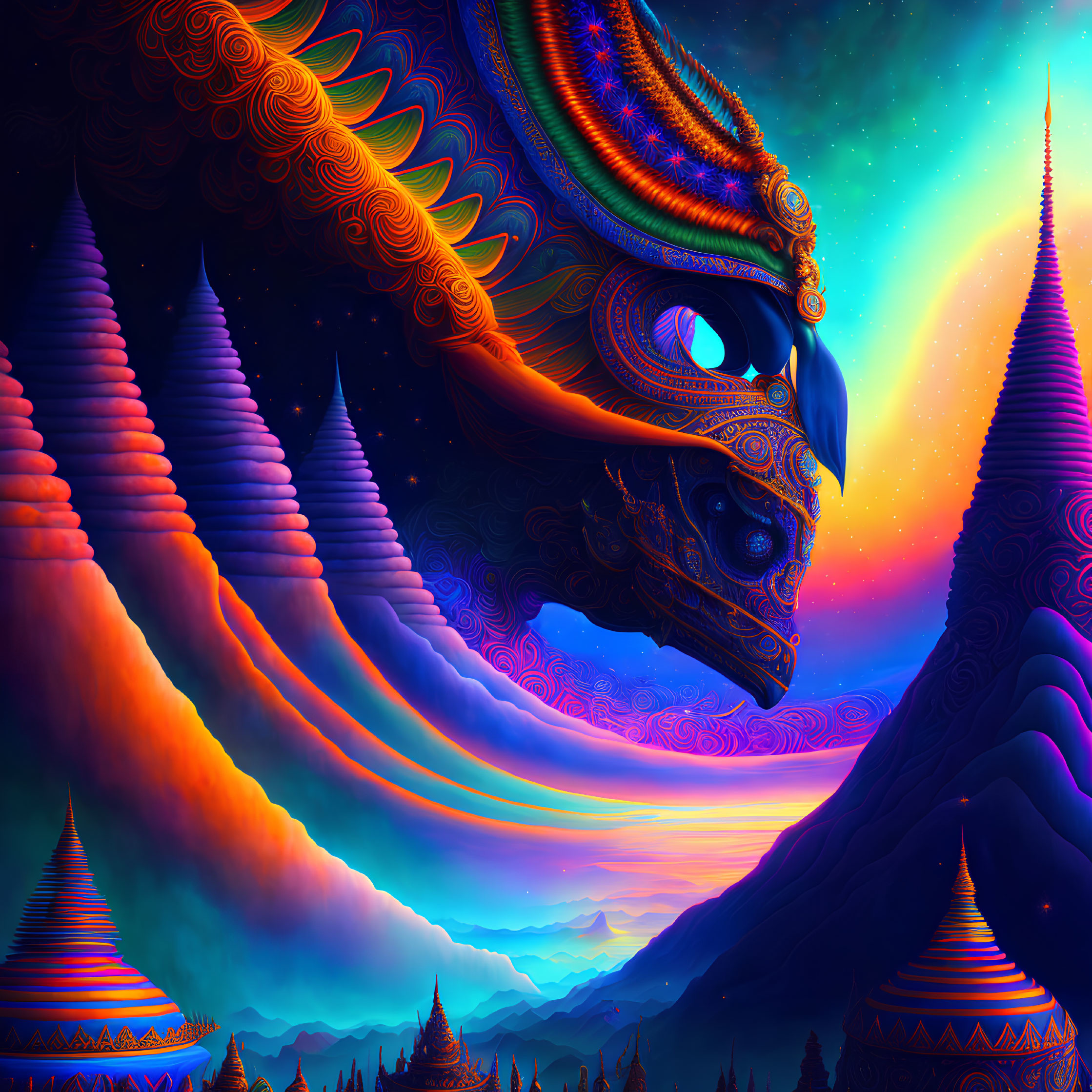 Colorful Stylized Bird Artwork in Mystical Landscape with Towers