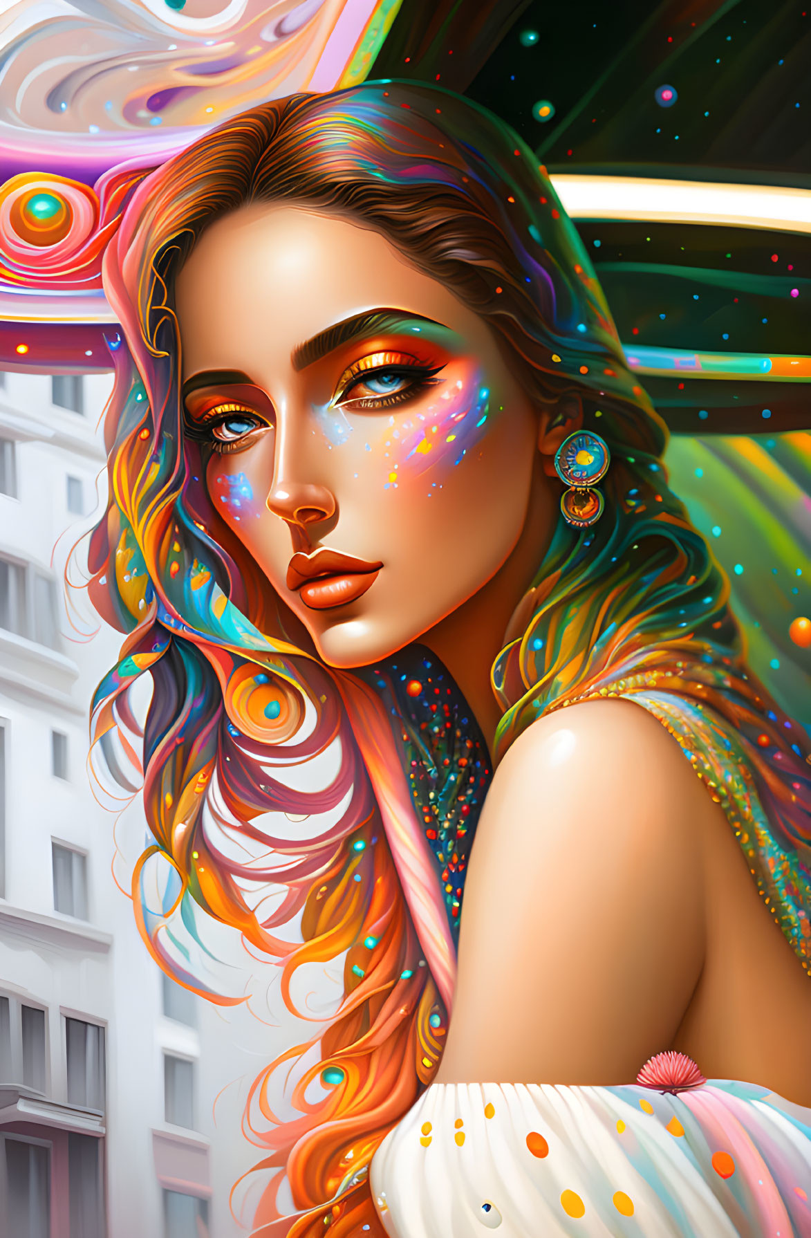 Vibrant digital artwork: Woman with cosmic makeup and flowing hair in urban setting