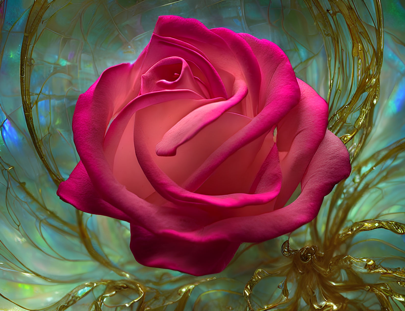 Pink Rose in Full Bloom with Golden Swirls and Turquoise Background