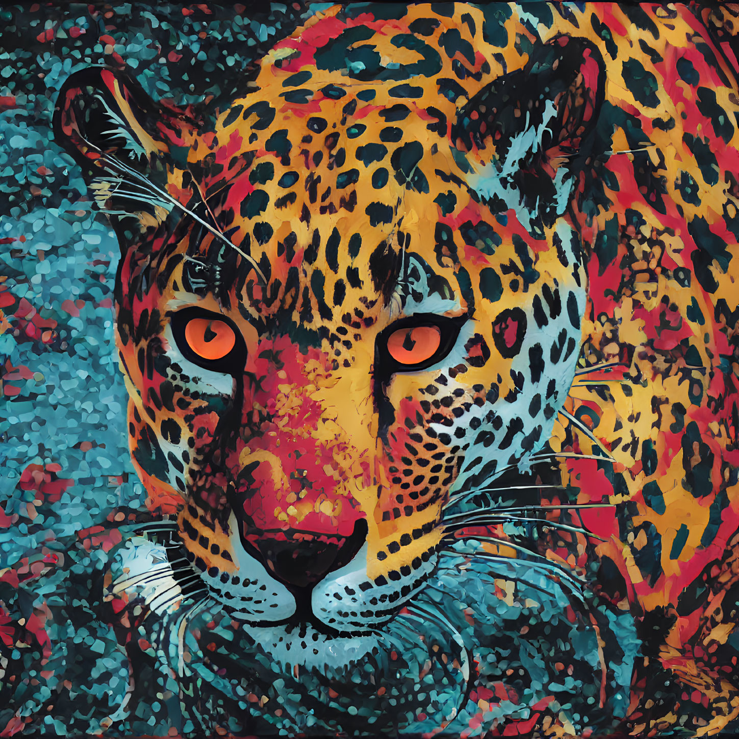 Colorful Leopard Image with Intense Orange Eyes and Patterned Background