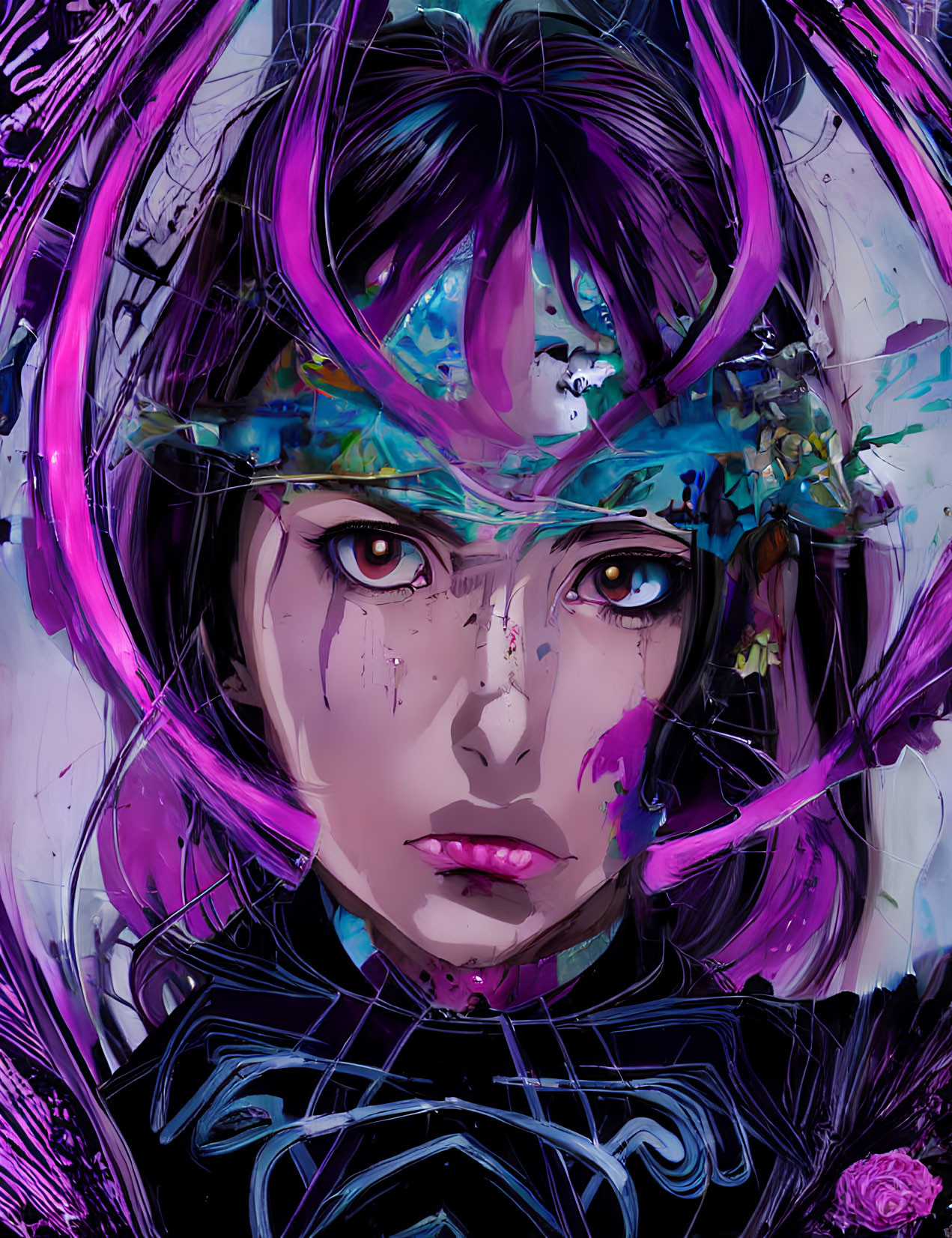 Colorful digital painting of female figure with futuristic helmet and purple hair
