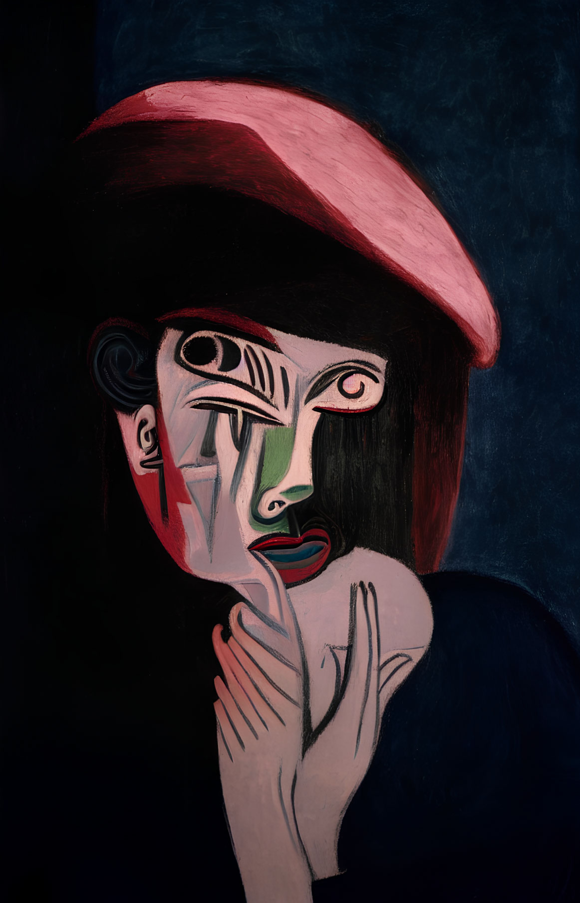 Expressionist painting of woman in red hat with angular features