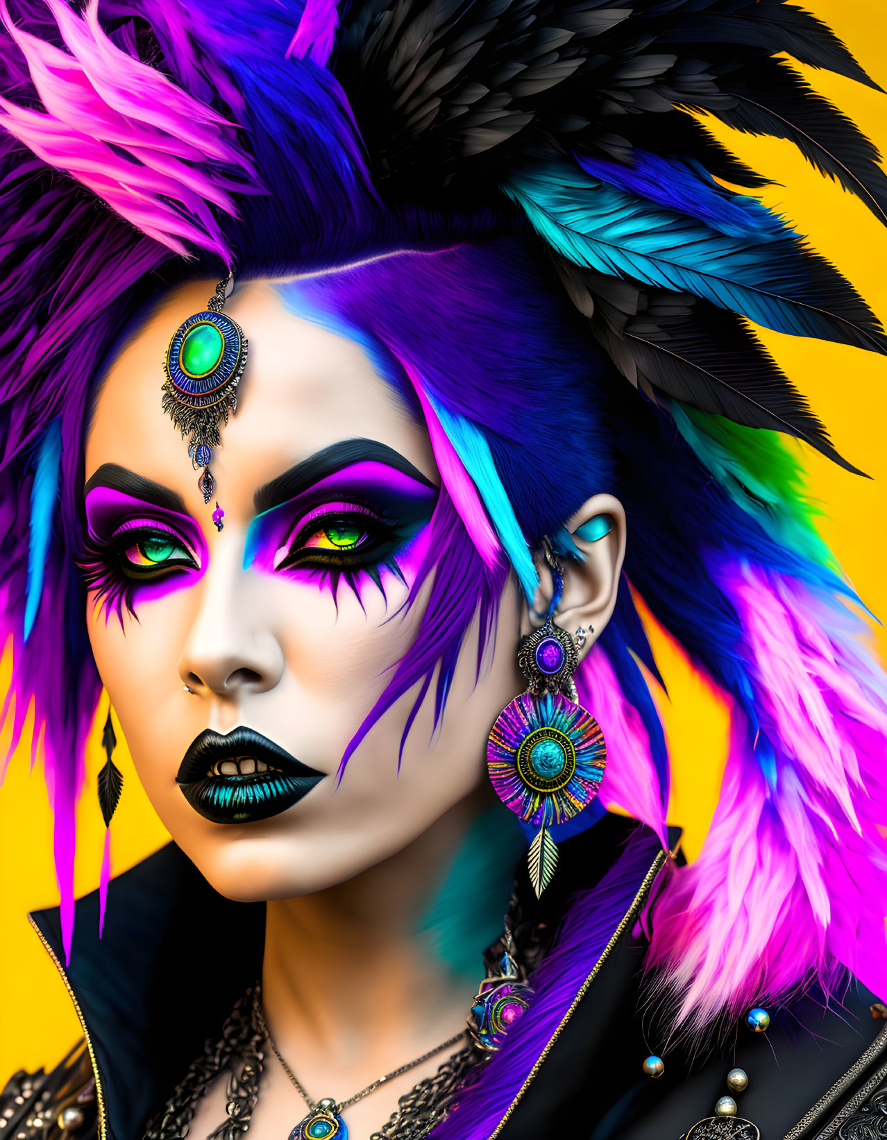 Colorful portrait of a person with purple hair, dramatic makeup, and feather accessories