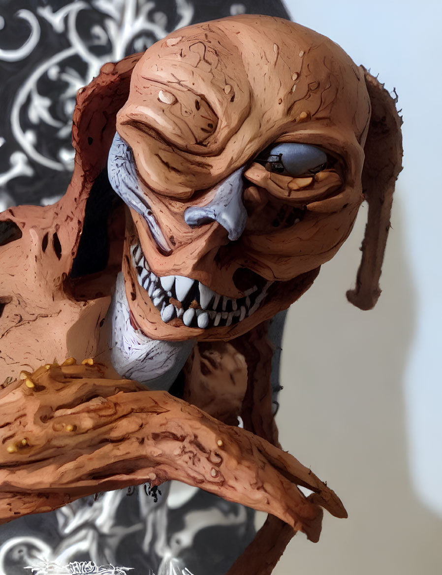 Menacing sculpture with fleshy texture and monstrous face