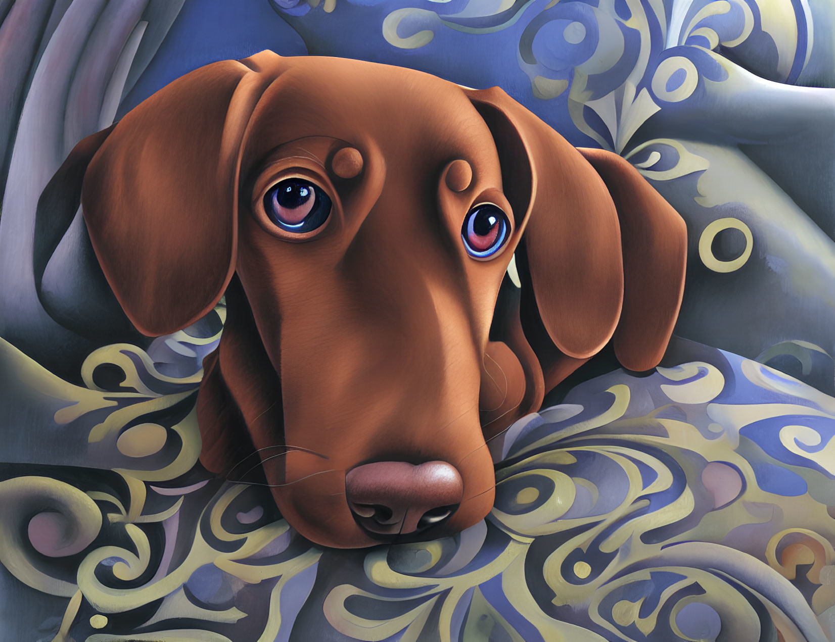 Brown dog with expressive eyes on blue and yellow background