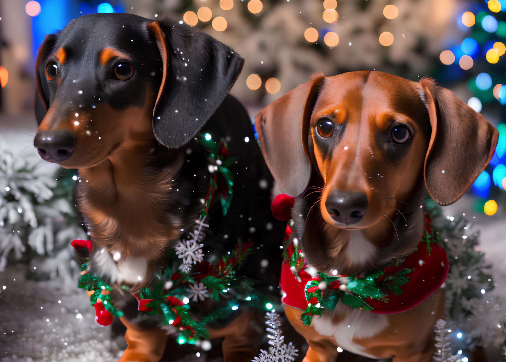 Festive dachshunds with Christmas collars in snowy scene