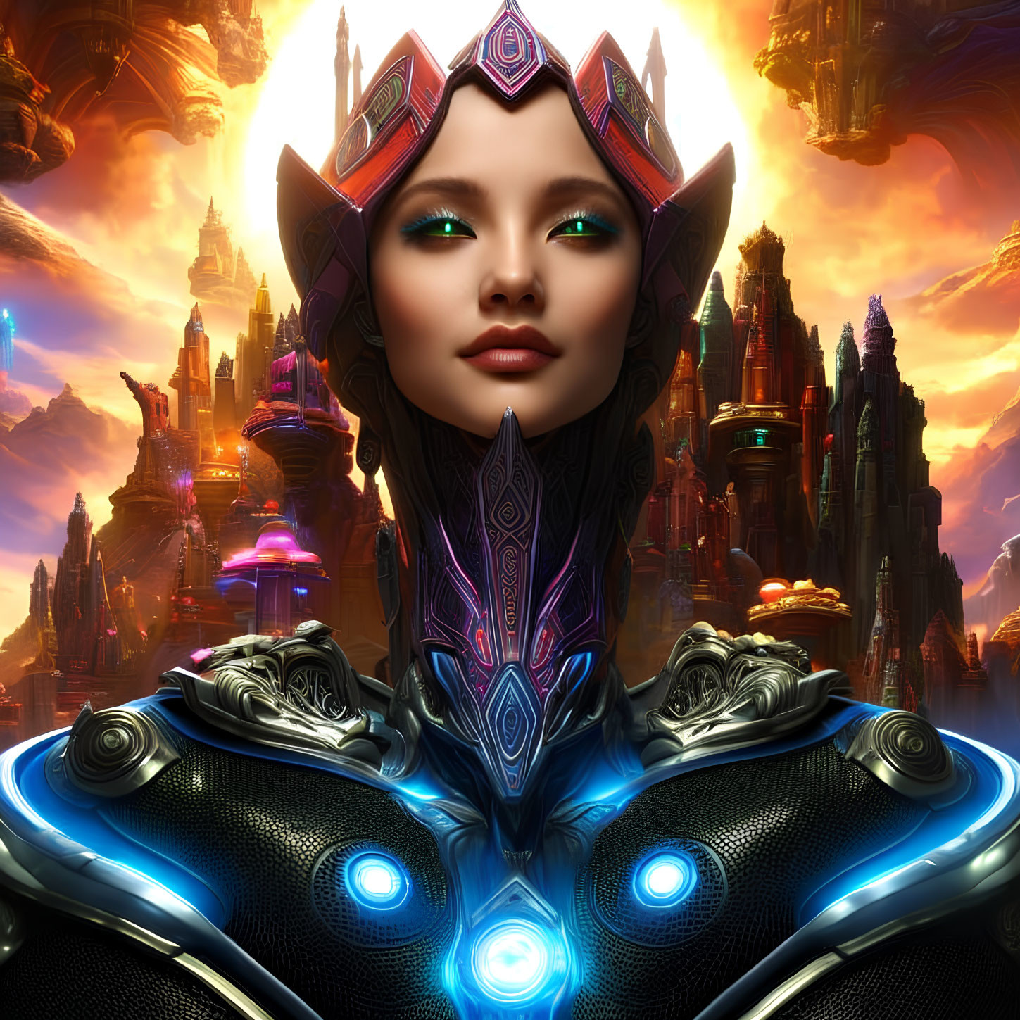 Futuristic female figure in high-tech armor with elaborate headgear before sci-fi cityscape